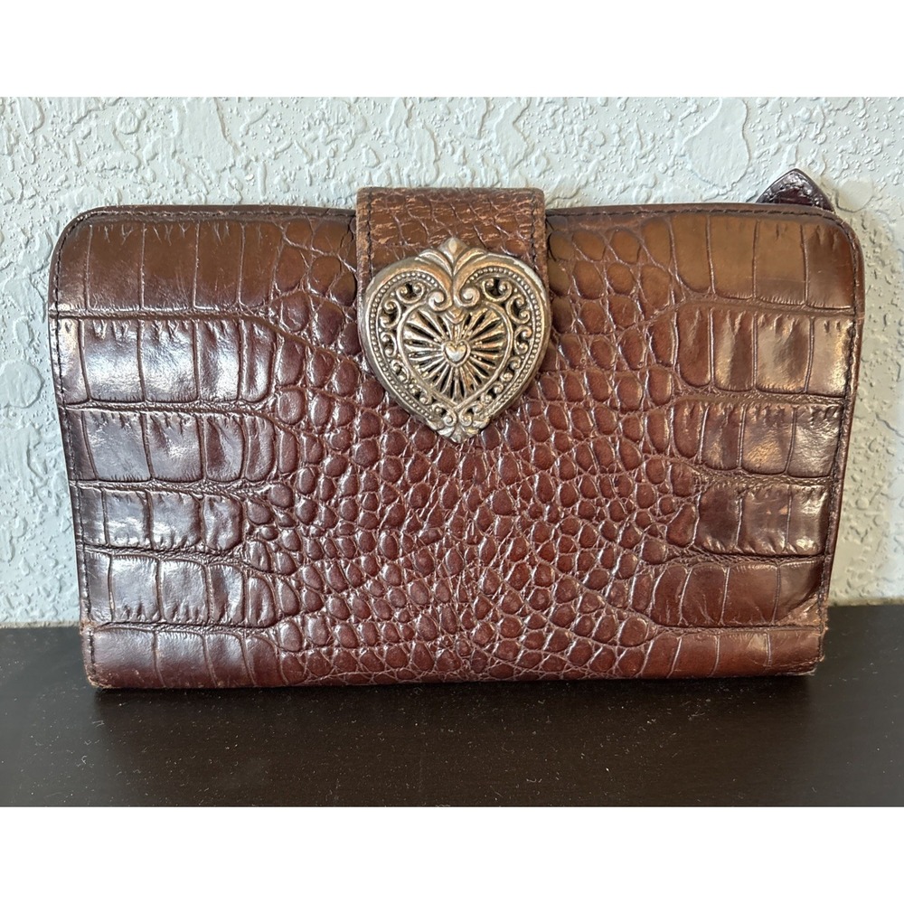 Vintage Brighton Snap Wallet Crocodille Heart Clasp Bifold Leather Brown Snap